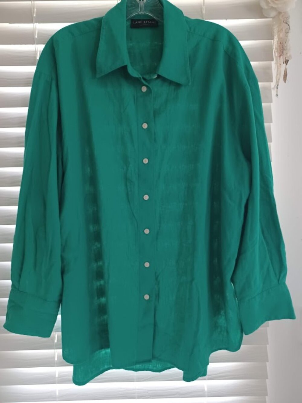 Lane Bryant 14/16 Linen Blend Blouse Green Button Front Shirt Plus Size Top